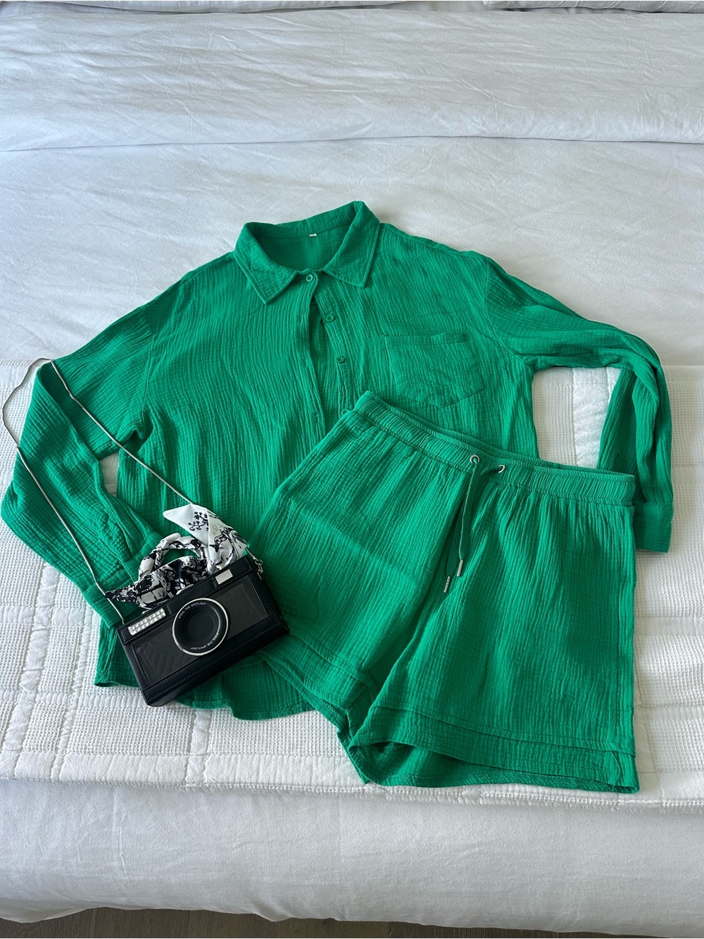 Lightweight Emerald Green Swim Coverup Shirt & Drawstring Shorts Set